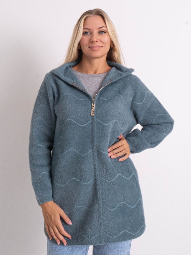 Кардиган із вовни альпаки з капюшоном на змійці #773 колір Бірюзовий