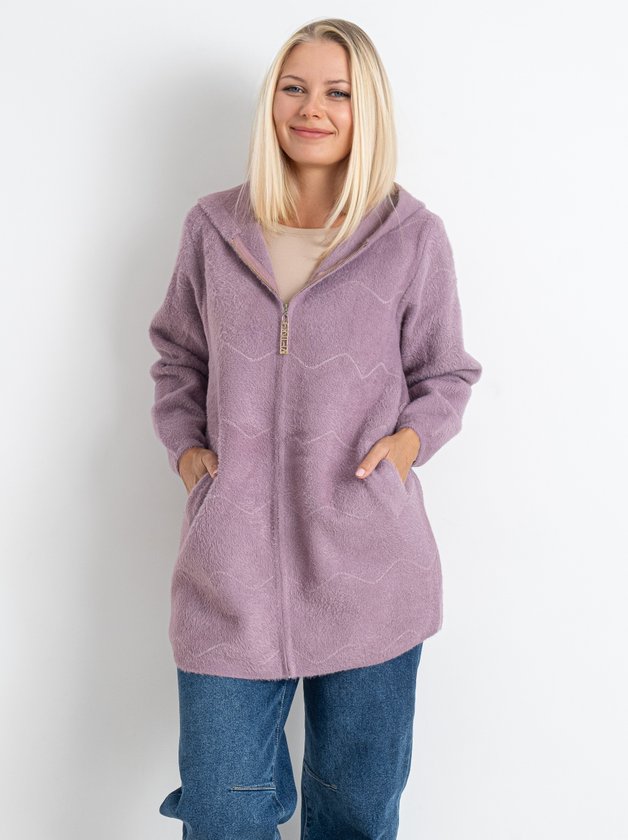 Кардиган із вовни альпаки з капюшоном на змійці #773 колір Світло-бузковий