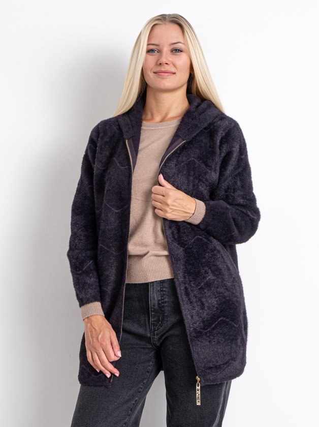 Кардиган із вовни альпаки з капюшоном на змійці #773 колір Темно-фіолетовий