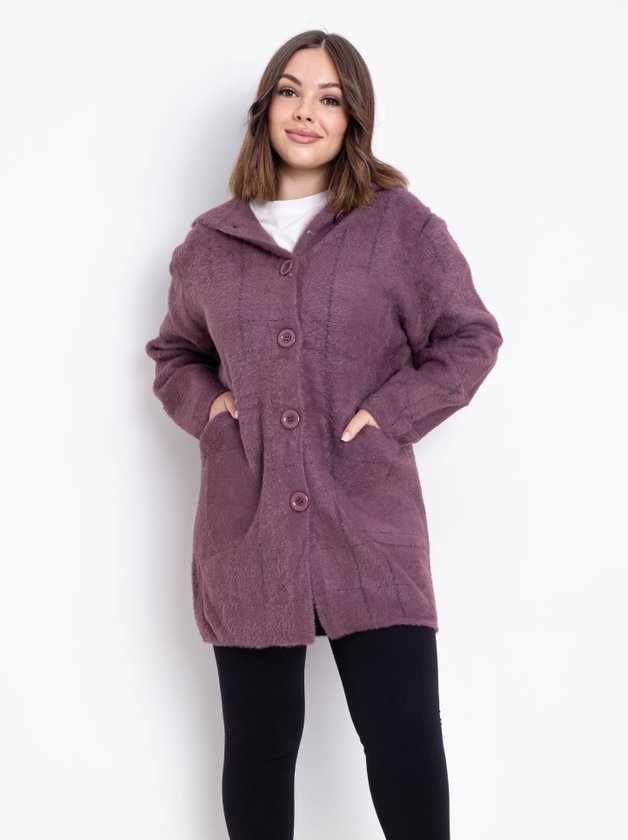 Кардиган із вовни альпаки з капюшоном на  гудзиках #777 колір Світло-фіолетовий
