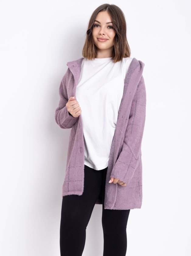 Кардиган із вовни альпаки з капюшоном на  гудзиках #777 колір Рожевий