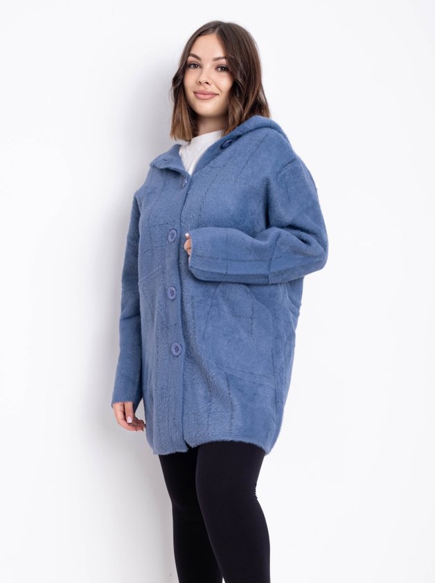 Кардиган із вовни альпаки з капюшоном на  гудзиках #777 колір Блакитний 