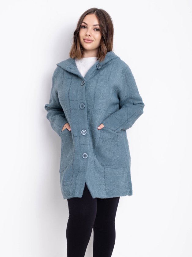 Кардиган із вовни альпаки з капюшоном на  гудзиках #777 колір Бірюзовий