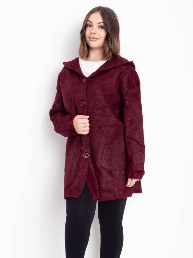 Кардиган із вовни альпаки з капюшоном на  гудзиках #777 колір Бордовий