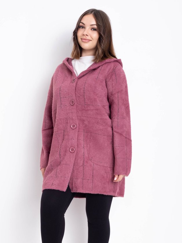 Кардиган із вовни альпаки з капюшоном на  гудзиках #777 колір Малиновий